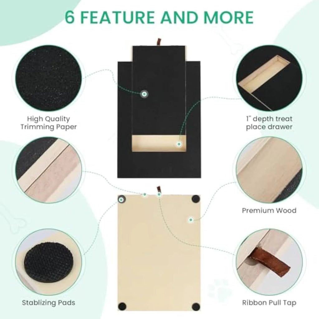 Wooden dog nail scratch board with treat drawer and non-slip pads on floor