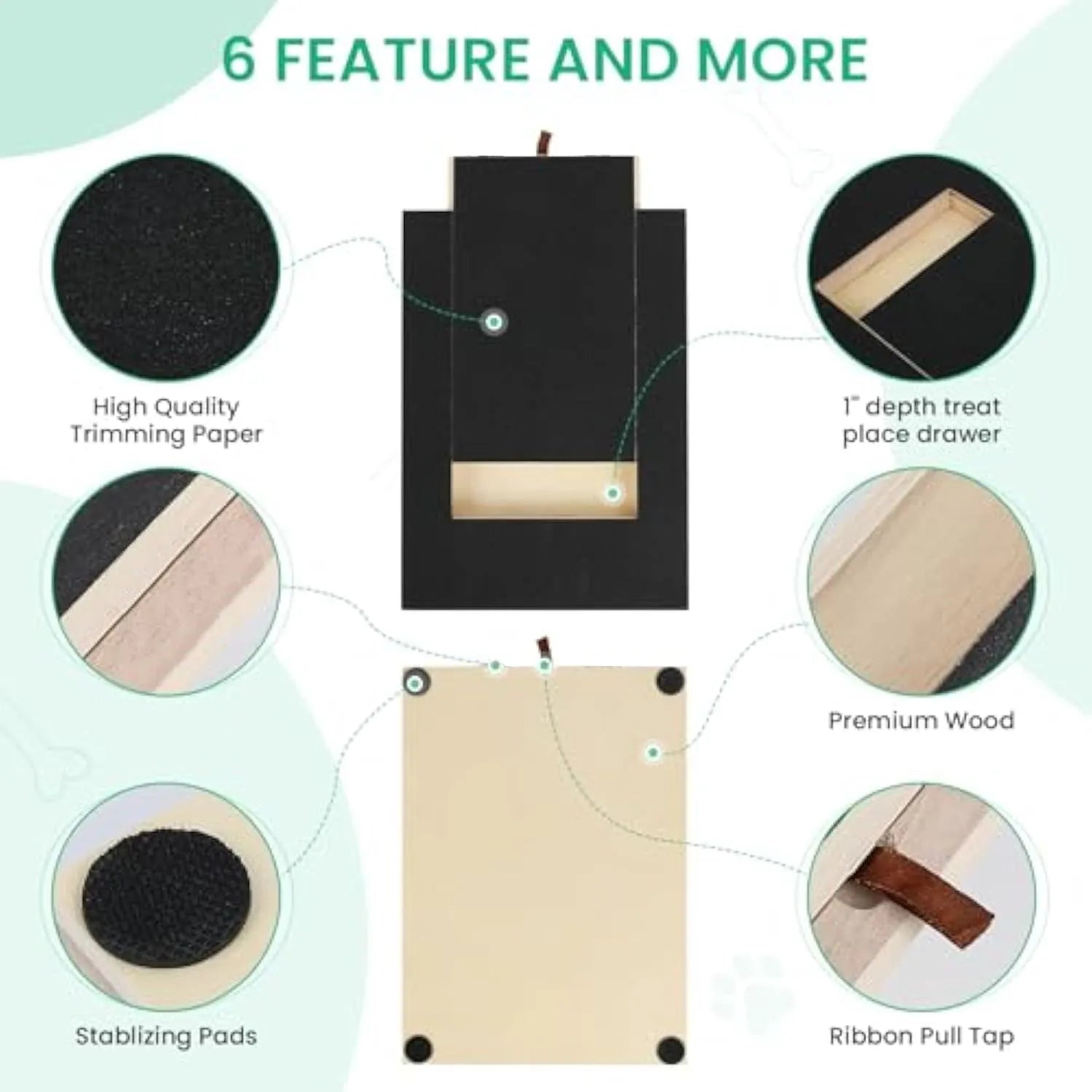 Wooden dog nail scratch board with treat drawer and non-slip pads on floor