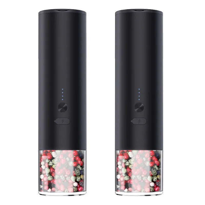 White and black electric salt and pepper grinders with USB port and clear glass jars.