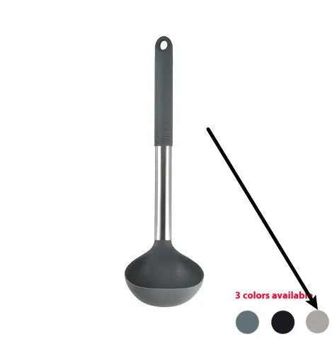 12-piece black silicone kitchen utensil set including spatula, spoon, and claw tools in a rotating storage bucket on a kitchen counter.