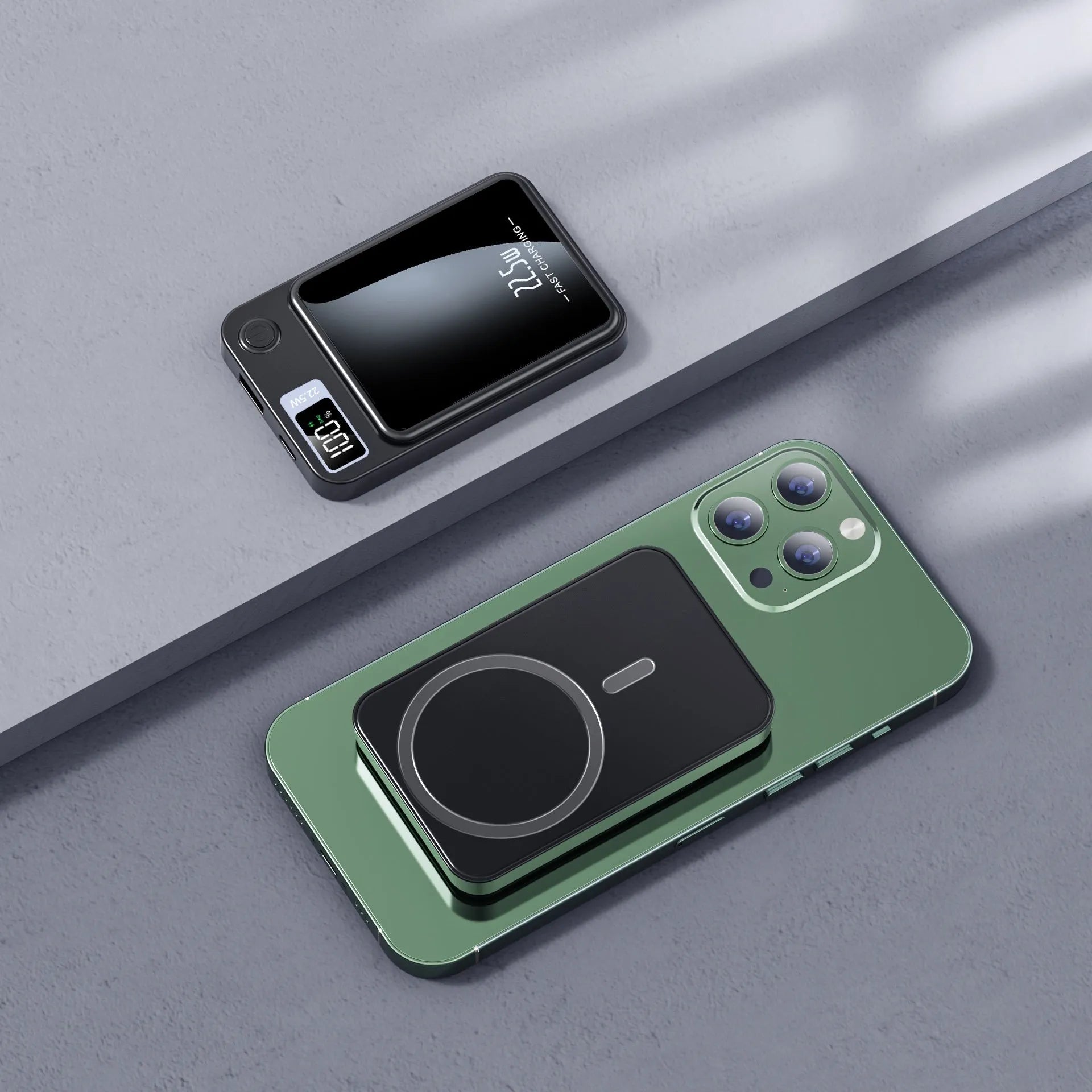 Black wireless power bank with 10000mAh capacity and MagSafe charging compatibility
