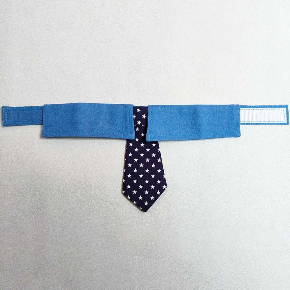 Denim pet collar with star pattern necktie on adjustable fastener tape for dogs
