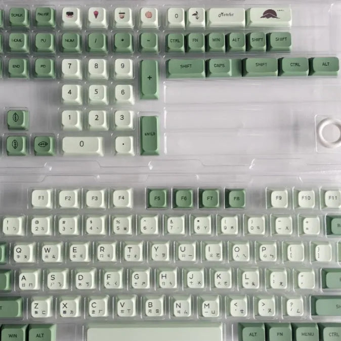 124 PBT dye-sublimation keycap set in matcha green colour on a keyboard.