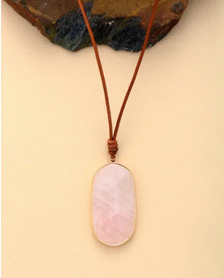 Natural stone pendant necklace with adjustable leather cord in Pink Crystal or WhitePine colour option
