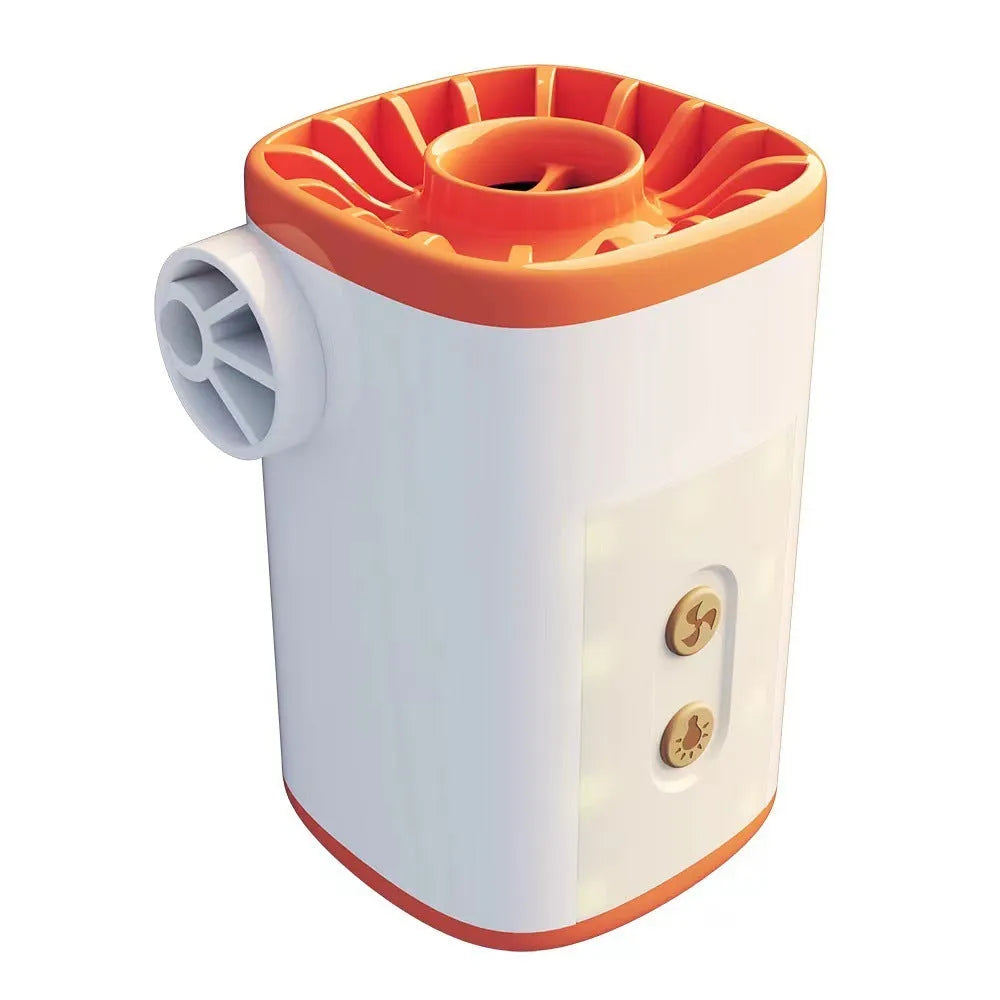 Portable mini motor pump in khaki white with USB cable and three air nozzles on a camping table
