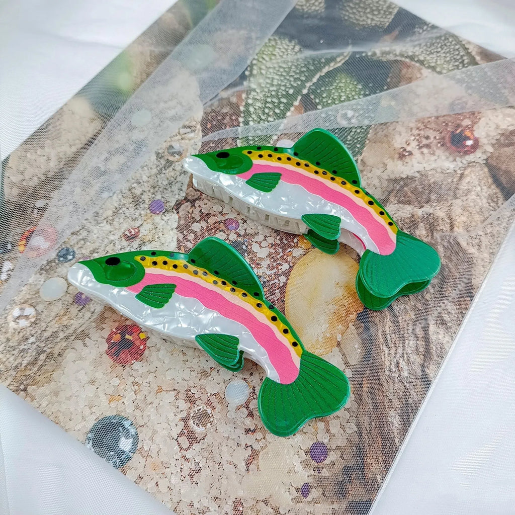 Dark green PVC hair clip featuring a printed rainbow trout and carp design.