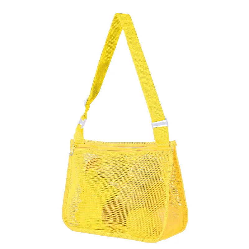 Blue nylon mesh travel storage bag with zip closure for children's toys and clothes
