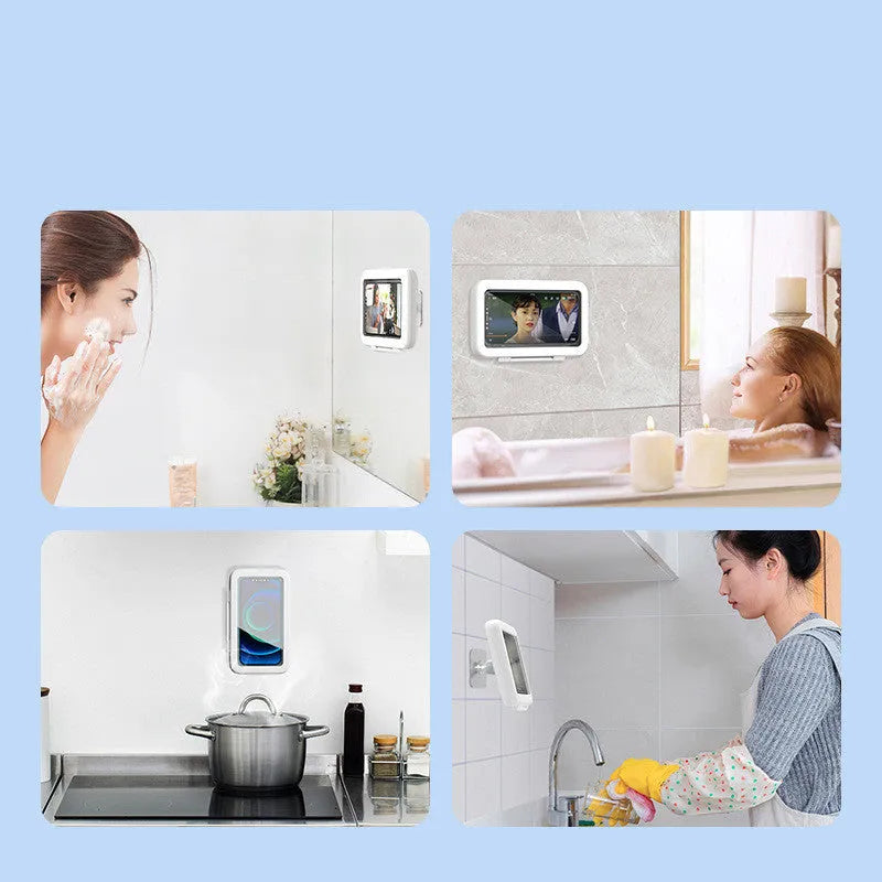 White waterproof phone holder mounted on bathroom tile showing phone inside with clear screen visibility