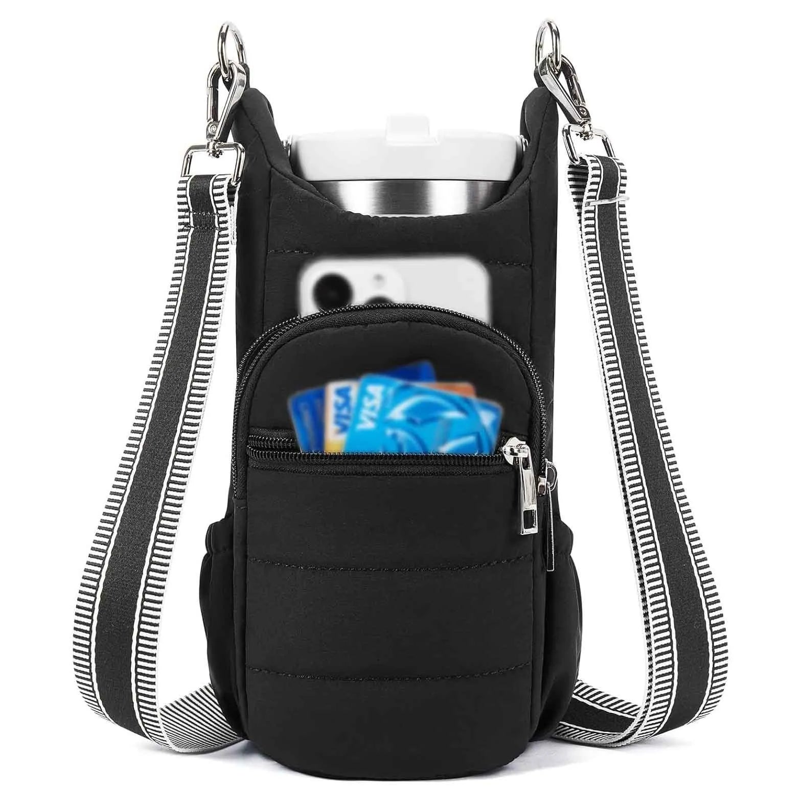 Cloth bicycle water bottle bag in modern minimalist style showing black, pink and beige colour options