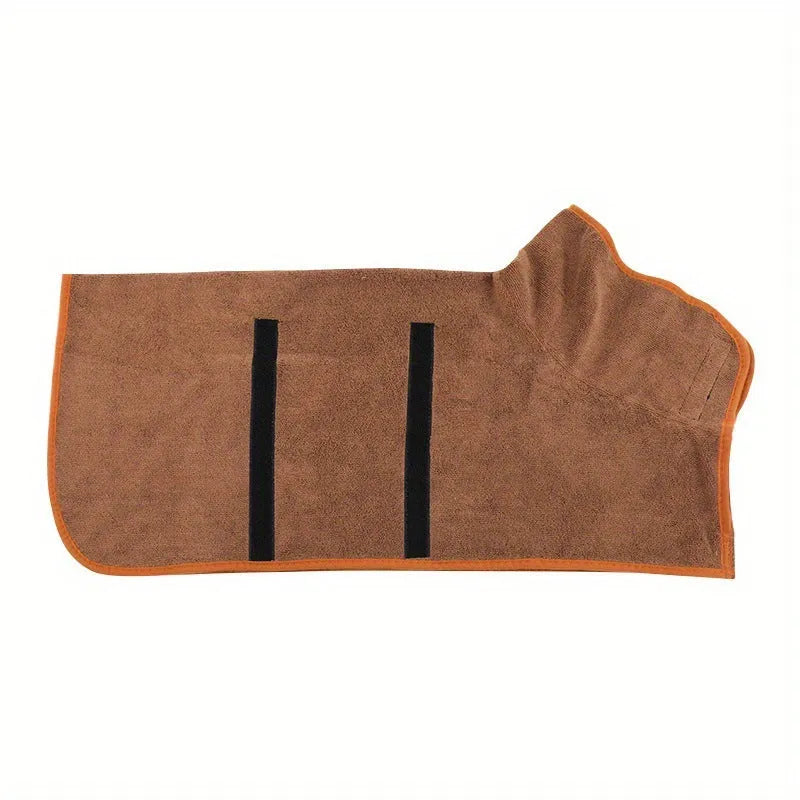 Grey nylon dog robe drying towel shown on a small dog, with orange edge trim visible.