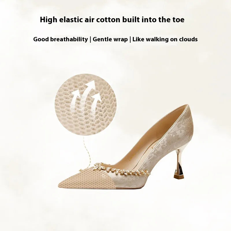 Chinese style satin wedding high heels with rhinestone decoration in champagne colour