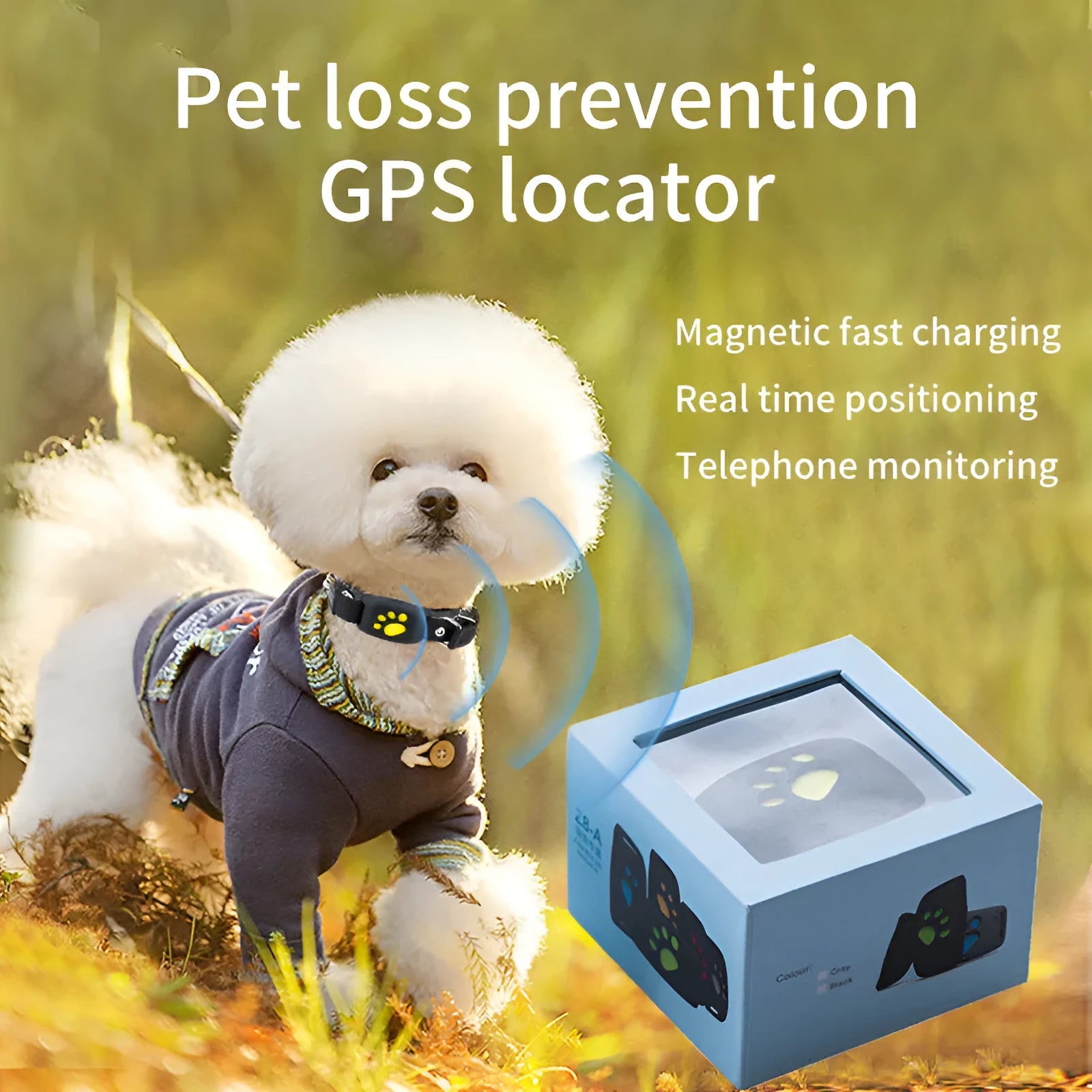 Compact black and yellow waterproof GPS pet tracker device with dimensions 65.5mm by 37mm.
