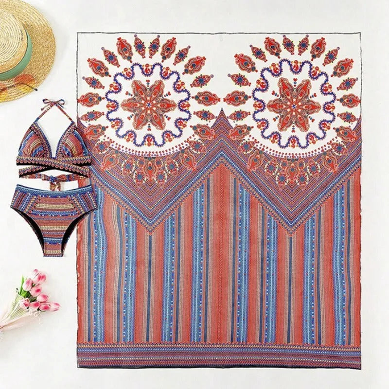 Women's three-piece swimsuit set showing split-front blouse, high-waist briefs, and longline cover-up coat on a model.