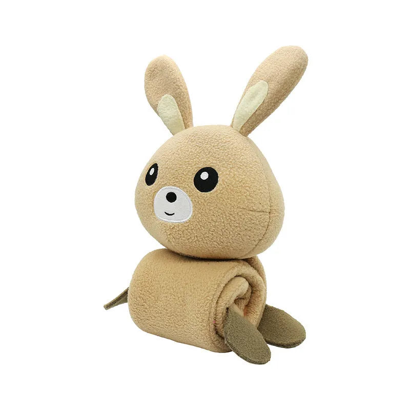 Plush fleece rabbit dog snuffle toy with treat compartments and squeaker, shown on a white background.