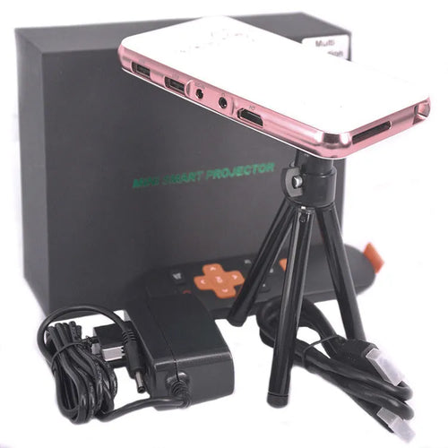 M6S miniature portable Android DLP projector in white and rose gold colours showing compact 145mm size