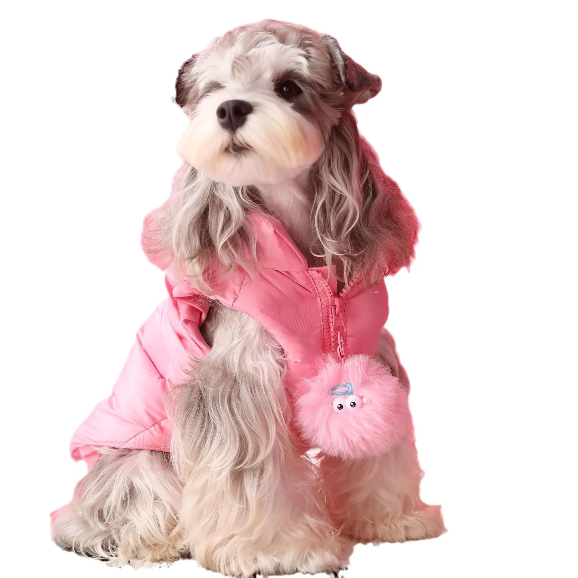 Polyester sleeveless warm down dog vest in Vest colour with removable fur ball, side view