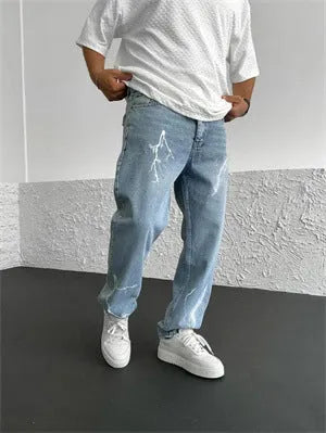 Men's straight-leg denim jeans with mid-waist design showing front view