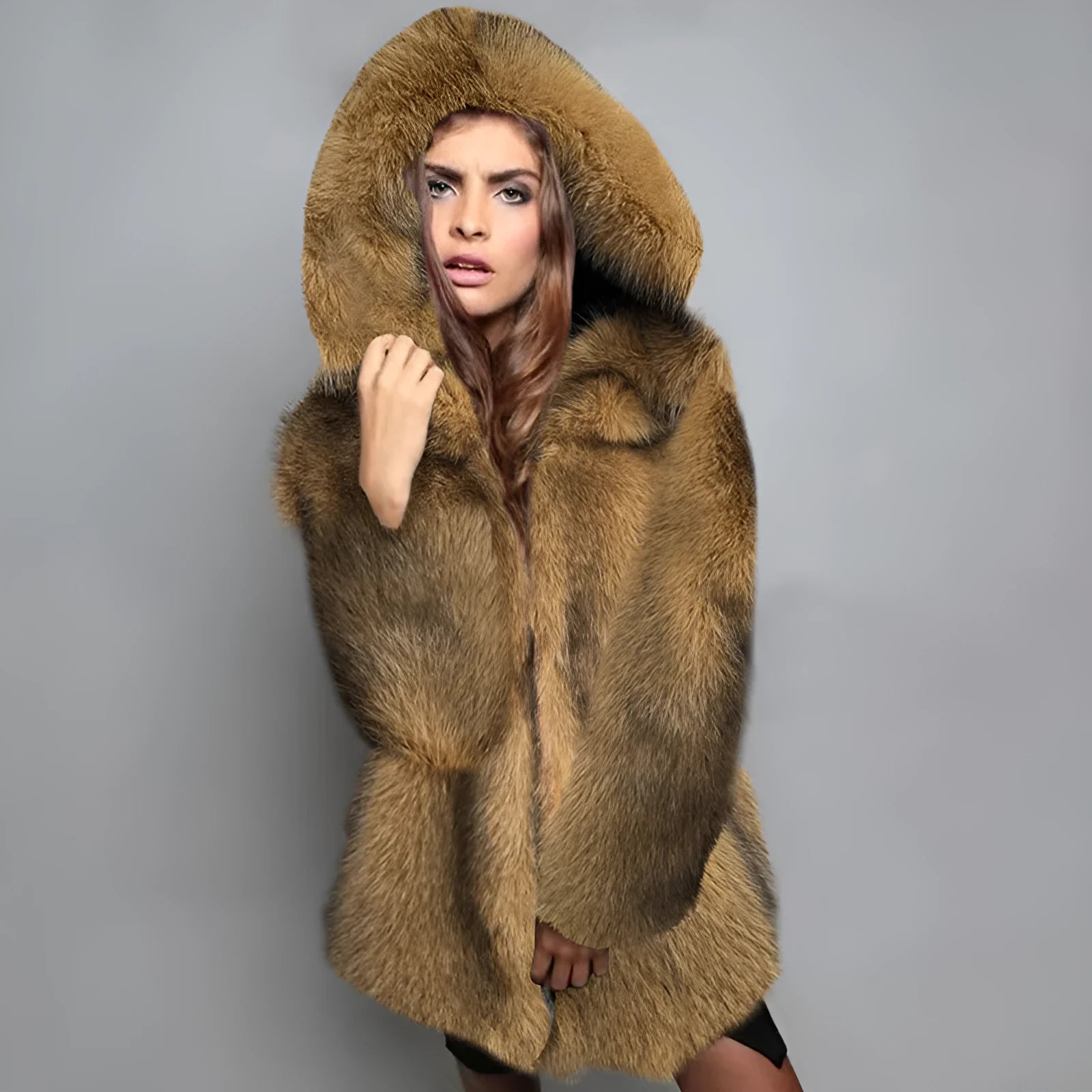 Women's loose silver grey artificial fur coat with a medium length of 65cm.