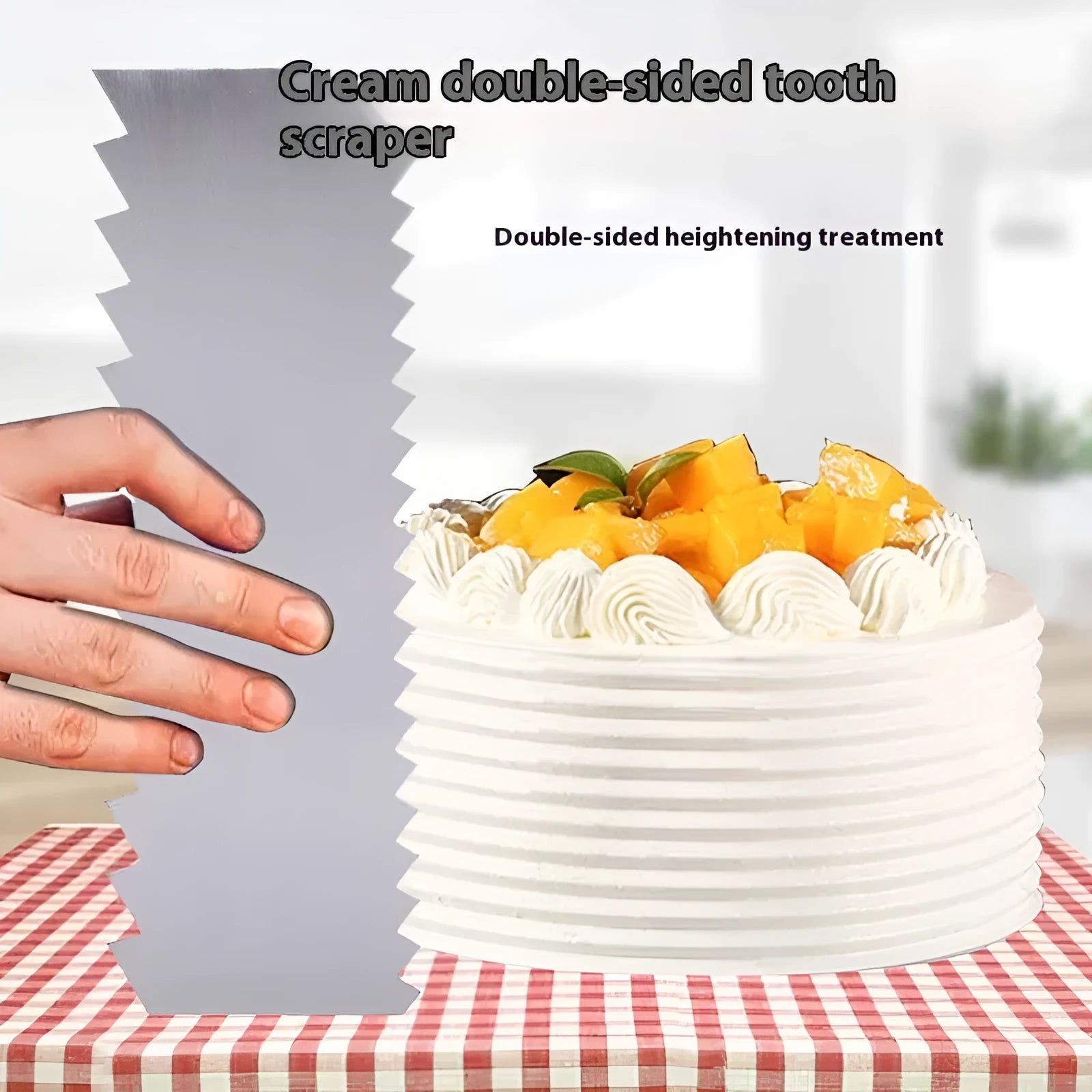Stainless steel cake scraper with a polygonal pattern for texturing frosting, shown with six style options.