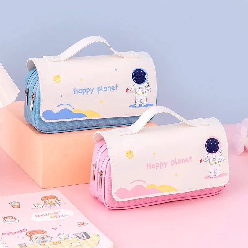 Canvas pencil case 21x10cm with cartoon planet flip design in navy blue, blue, pink or orange.