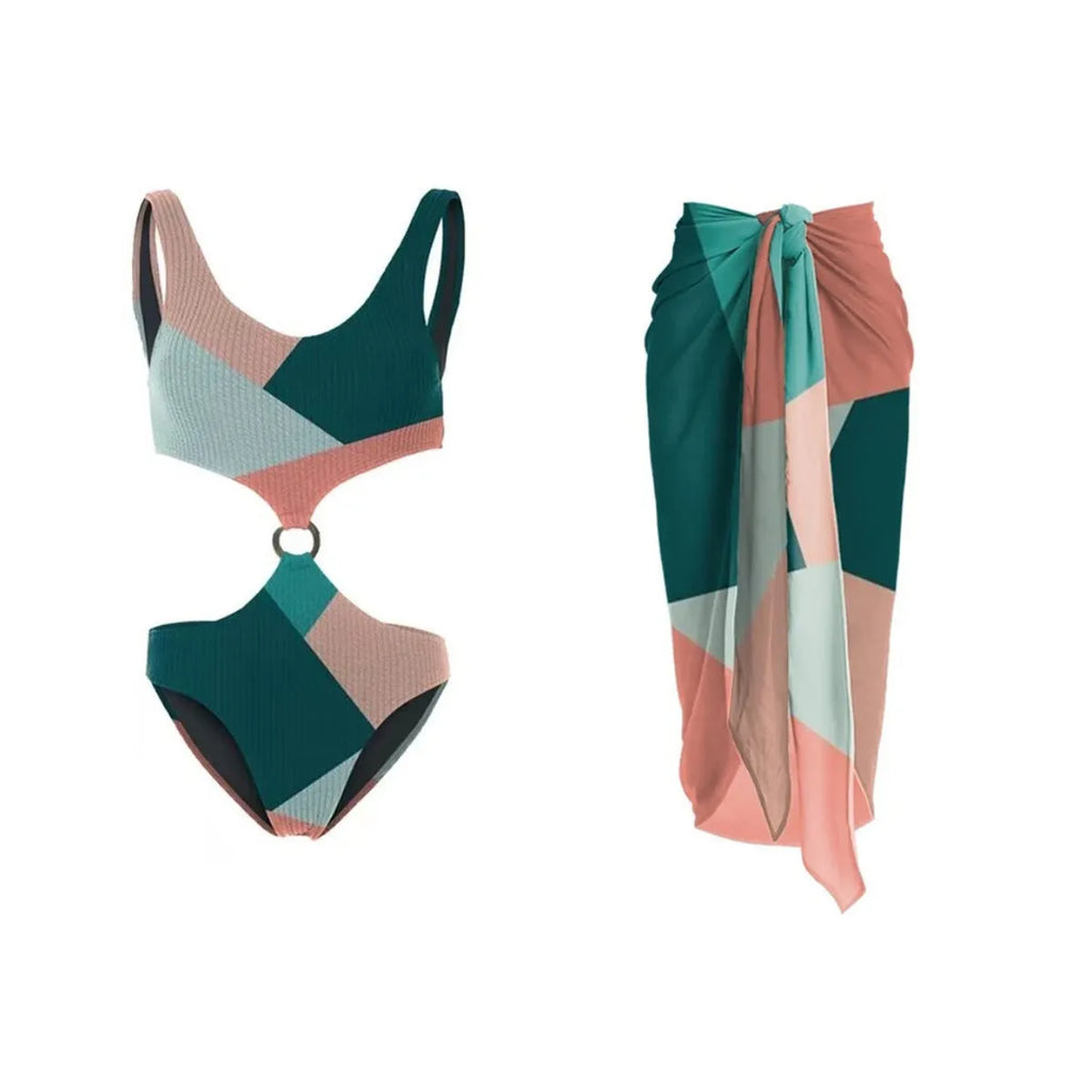 Women's colour-contrast two-piece bikini swimsuit with a matching mesh gauze skirt.