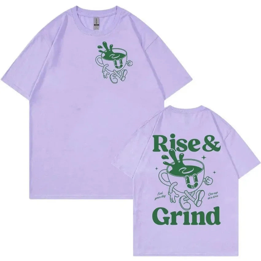 A loose-fit black linen t-shirt with a printed Rise And Grind Green Coffee Fun Expression Bag cartoon design on the front.