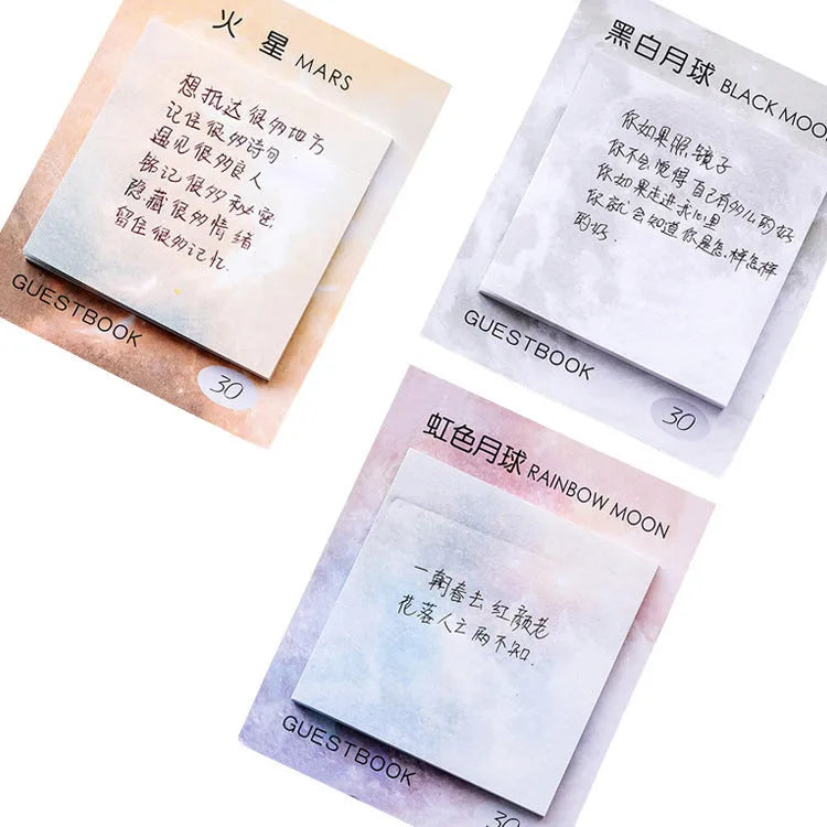 Square planet-themed sticky note pad showing oil painting designs of moon, earth, and mars.