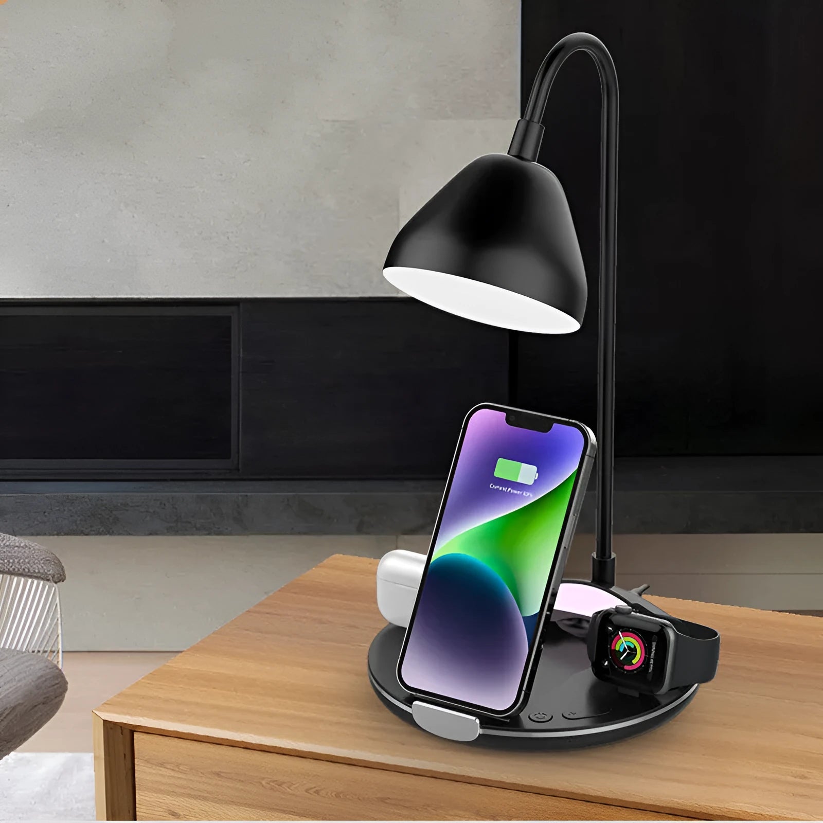 Black and white magnetic folding wireless charger showing folded and open positions