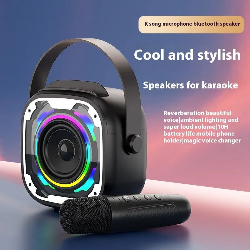 Portable Bluetooth speaker with integrated karaoke microphone in black, white, yellow, or pink