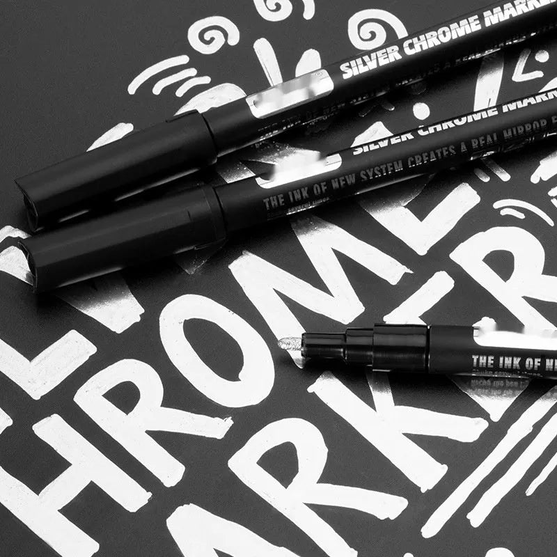 Black waterproof mirror marker pen with choice of 1mm or 2mm tip for glass and whiteboards.
