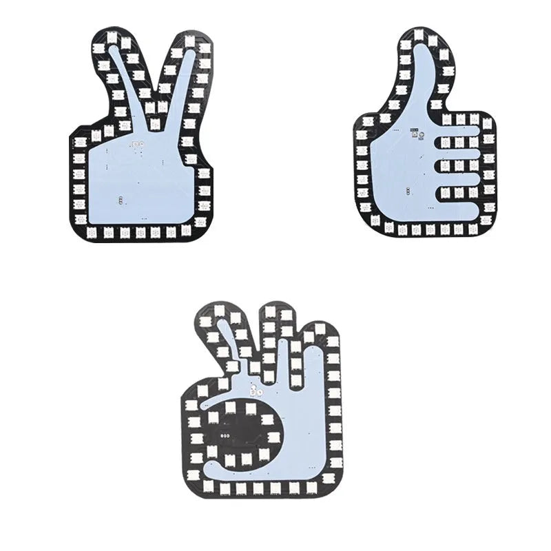 Car USB plug-in LED finger gesture lights showing thumbs up, OK, and scissor hand designs.