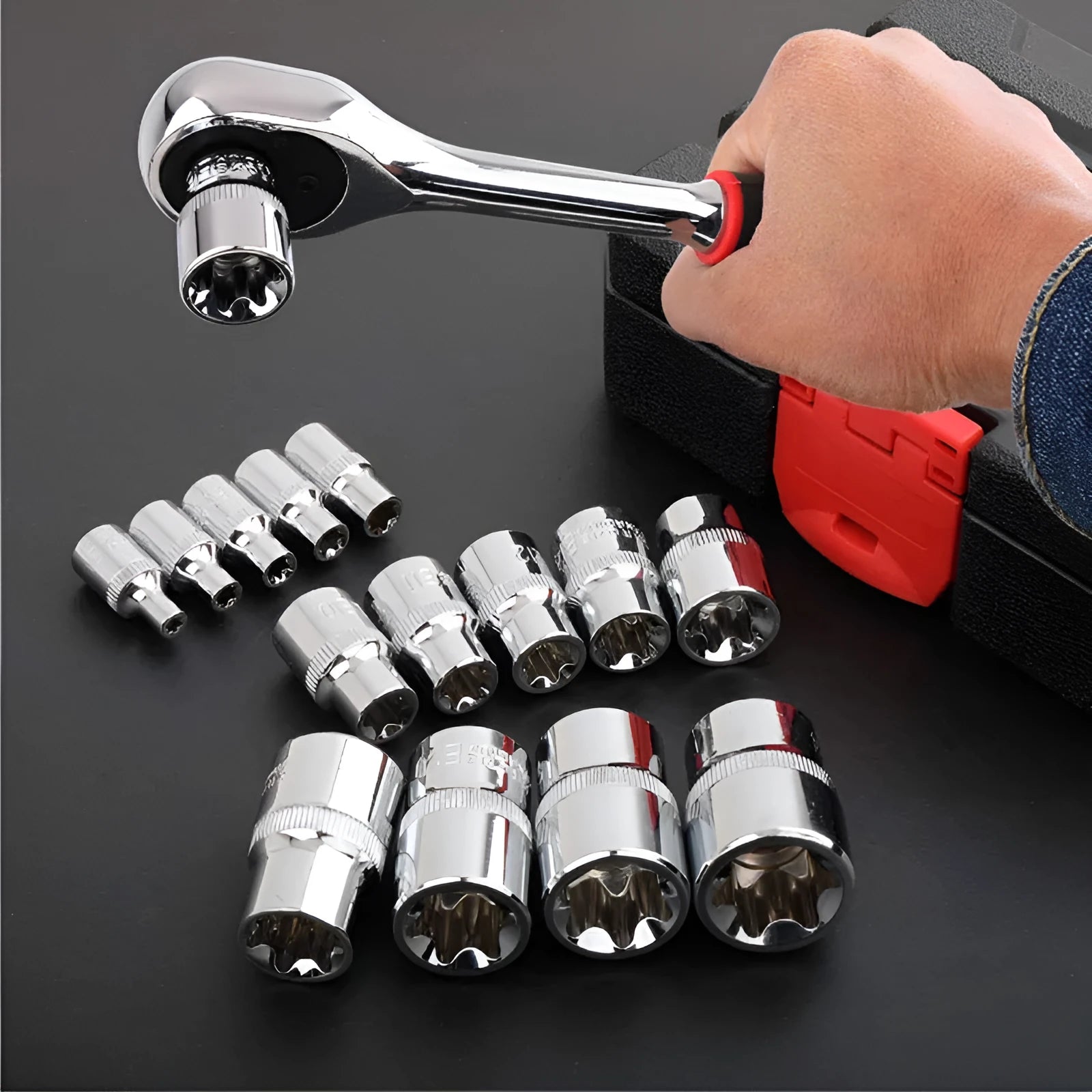 14-piece E-type socket auto repair tool set in red storage box with chrome vanadium steel construction