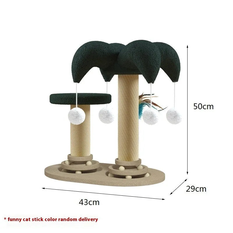 Solid wood cat climbing frame with rotating turntable and sisal scratching post in a panda design.