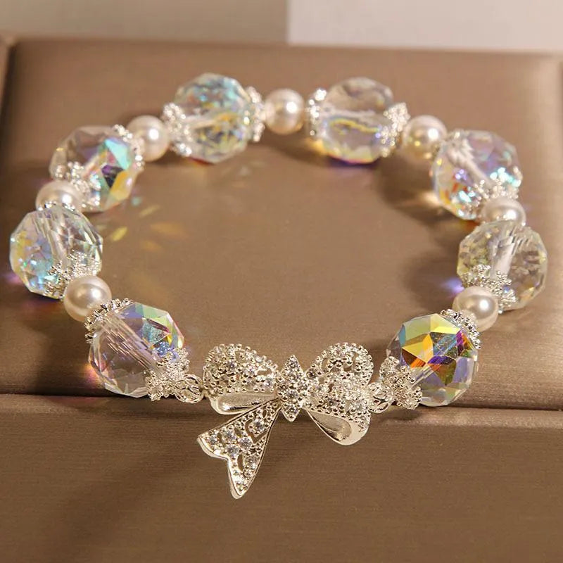 White crystal bracelet with Austrian white crystal diamond long bow and snowflake design for women