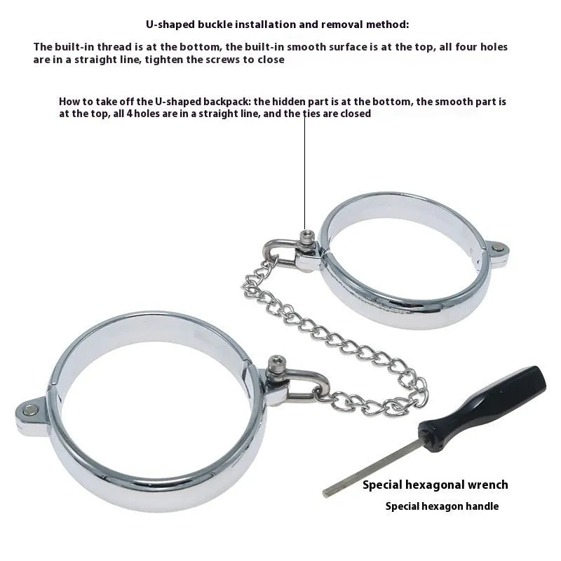 Silver handcuffs and footcuffs set made from zinc alloy with stainless steel fastenings
