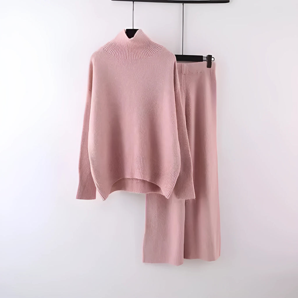Women’s acrylic fibre two-piece set with long sleeves, wide leg trousers and solid colours