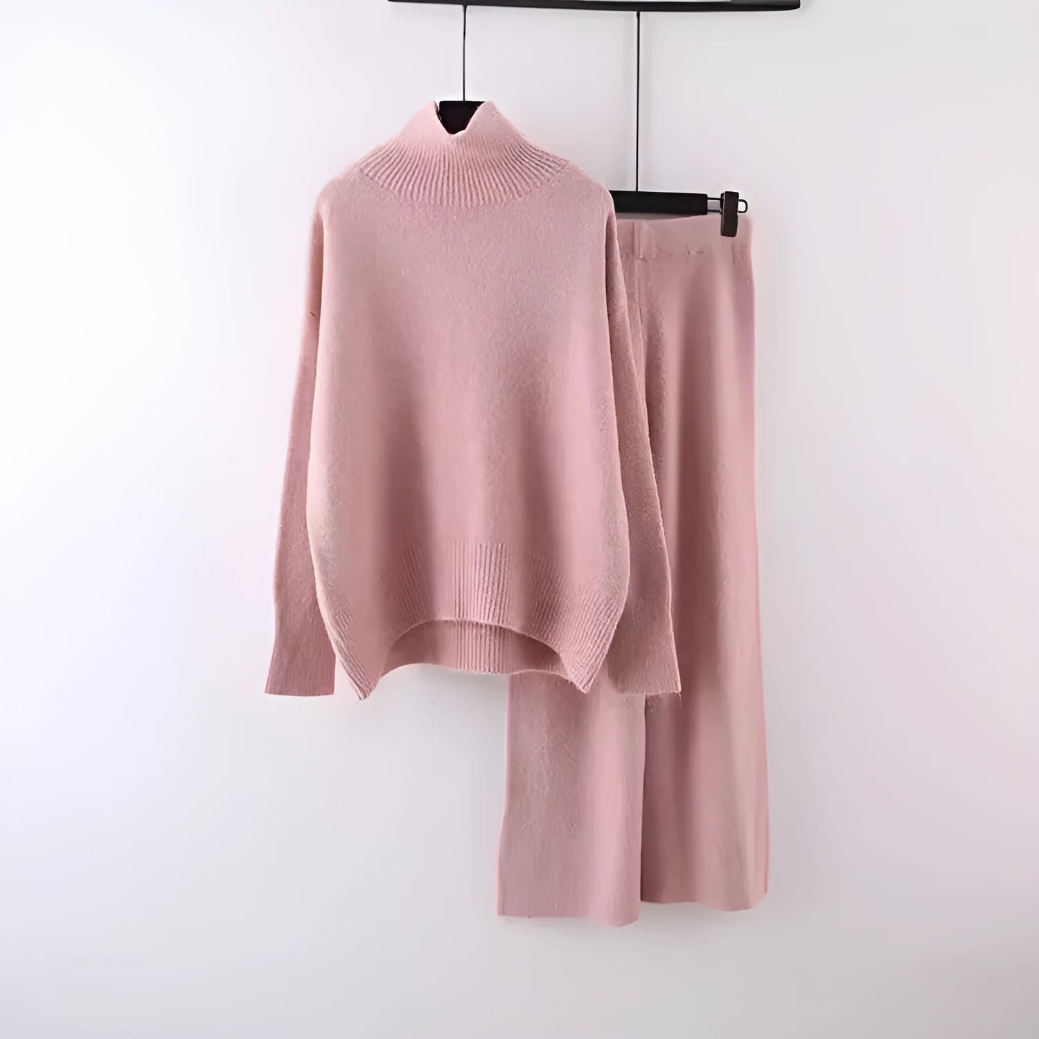 Women’s acrylic fibre two-piece set with long sleeves, wide leg trousers and solid colours