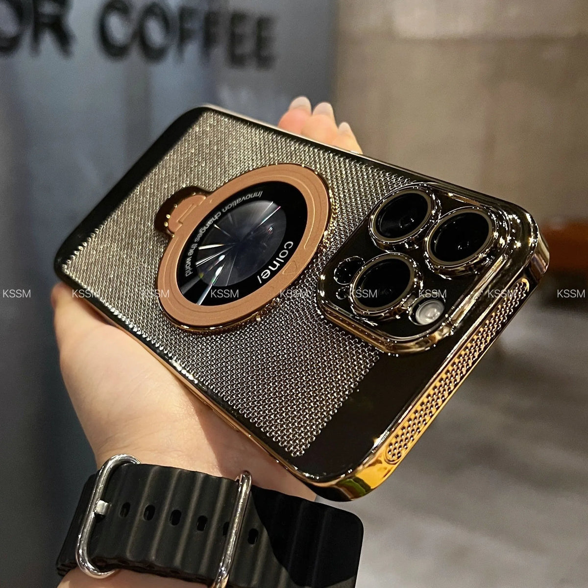 Rotary magnetic phone case with bracket and honeycomb cooling holes, electroplated PC, for iPhone 15