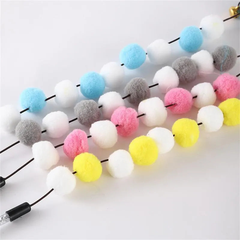 31cm cat teaser interactive toy rod with bell and pompon feather attachments in four colour options