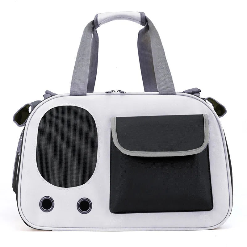 Canvas pet shoulder bag folded showing black, green and yellow colour options