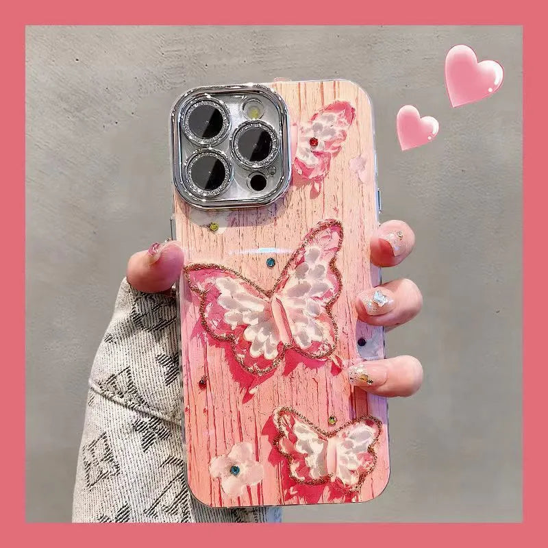 Colourful butterfly oil painting print plastic phone case for Apple iPhone, pink and blue options, full coverage fall protection