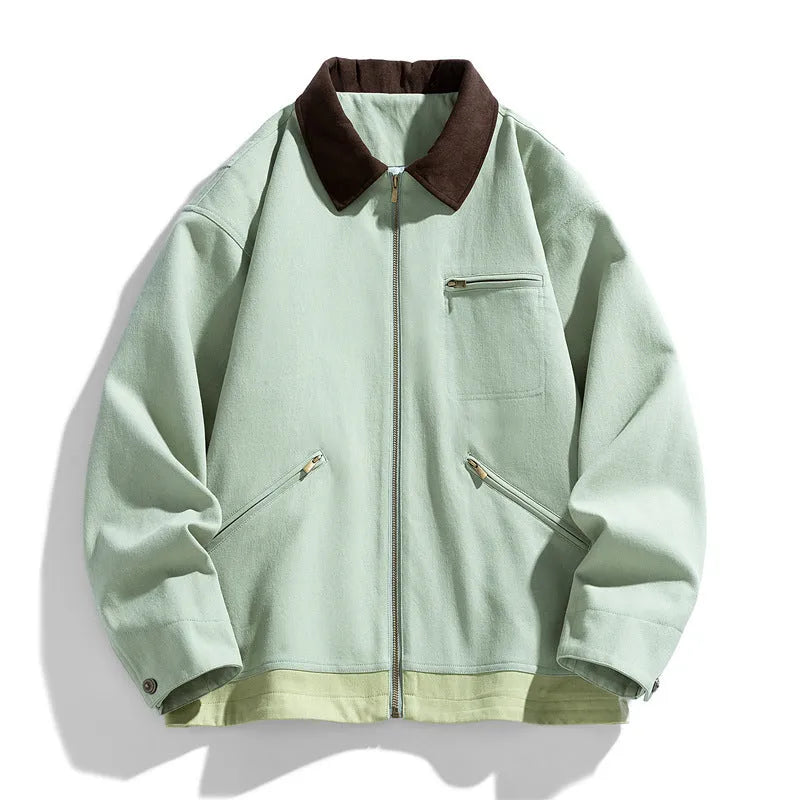 Korean style retro workwear couple jacket in mint green with side seam pockets.