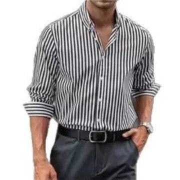 Men's striped casual button shirt with loose fit and long sleeves in polyester fabric