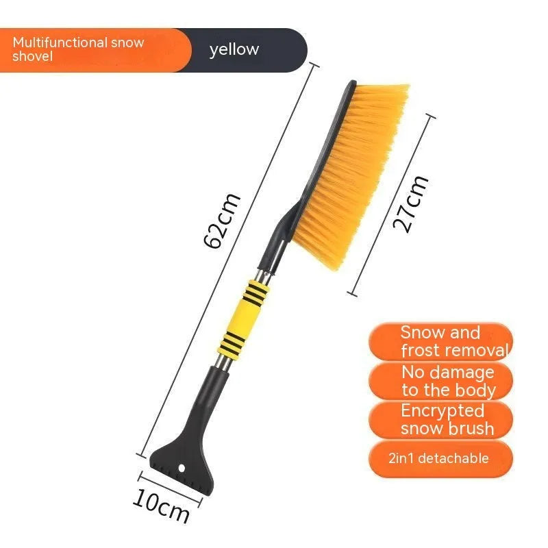 Yellow telescopic car snow brush and ice scraper with long handle for clearing vehicle roofs and windscreens