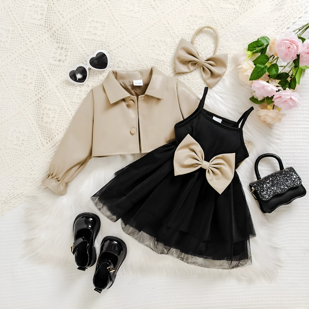 Girls khaki flowers pattern two-piece leather jacket and suspender skirt set for toddlers 3 months to 3 years
