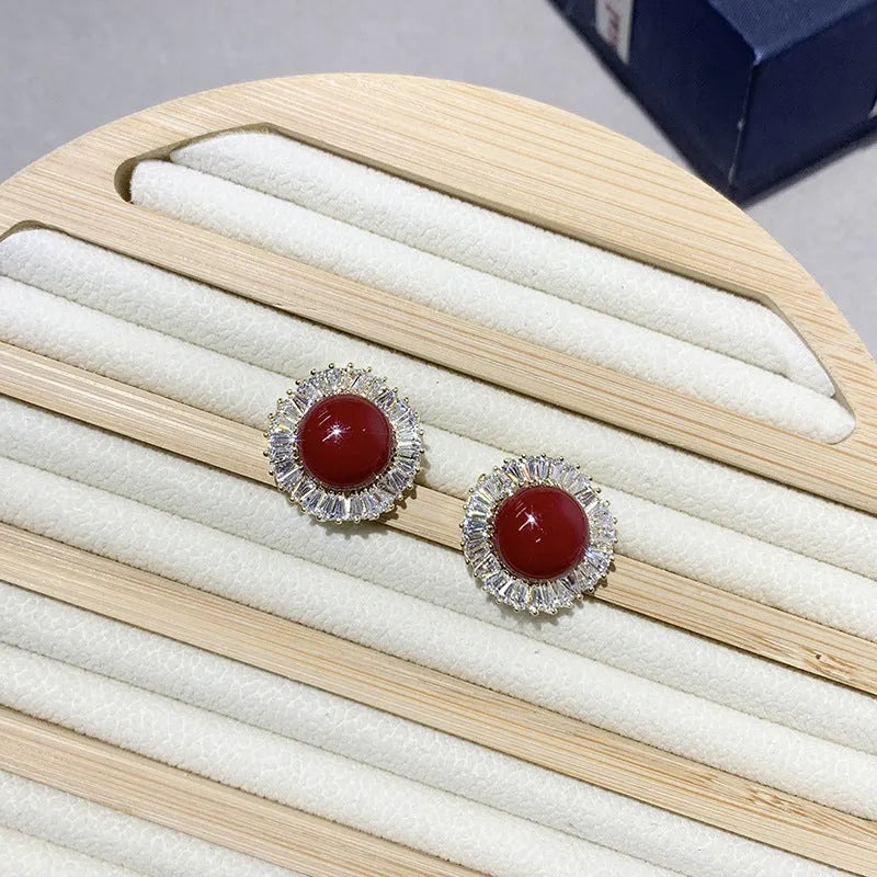 French retro pearl zircon earrings with gold-tone base, white imitation pearl and clear zircon, Style1 drop design.