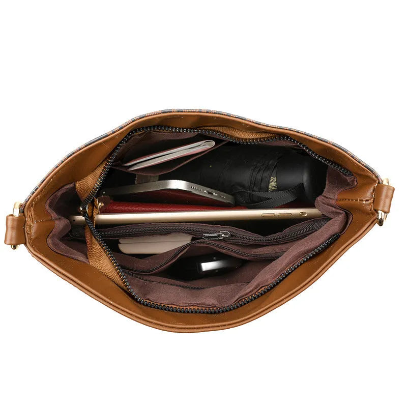 Brown retro soft leather messenger bag with three-dimensional pocket and horizontal square shape