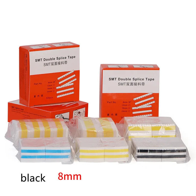 Reels of yellow, black, blue, and beige SMT double-sided splicing tape in various widths.