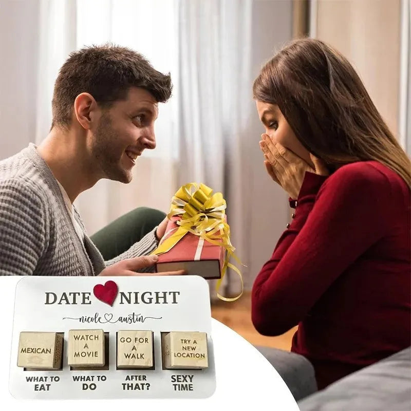 Wooden date night dice set with five decision dice, planner board, and black storage bag for couples