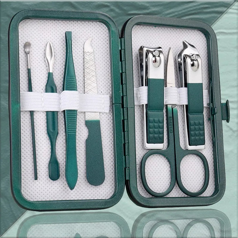 Emerald green pedicure knife nail clippers set box with stainless steel and carbon steel manicure implements in 7 to 18 piece options